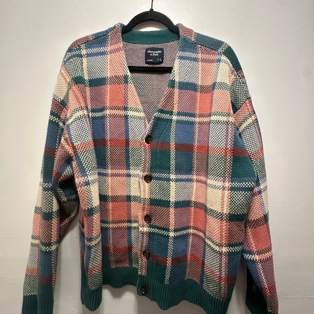 Abercrombie & Fitch Plaid Cardigan in Green and Red - Picture 8 of 11